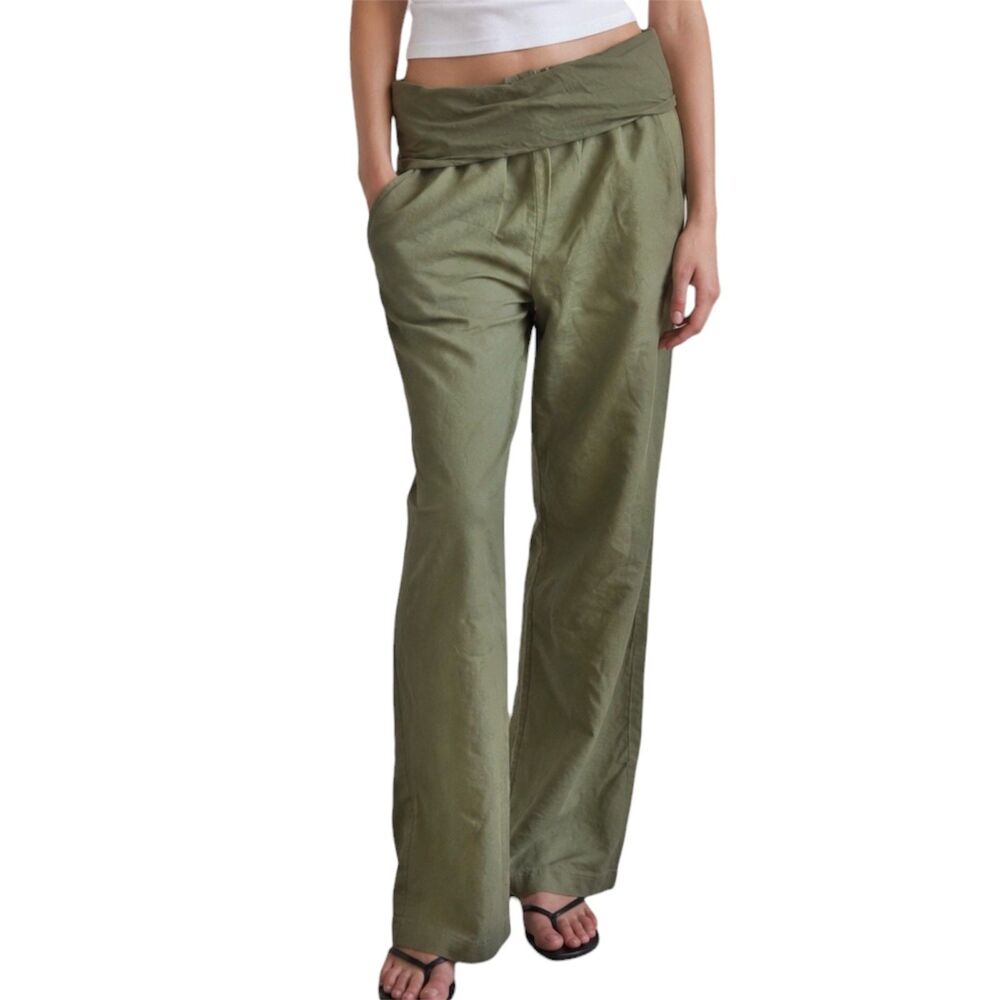 Size S Love Tree Sage Green Linen Blend Foldover Flare beach Pants